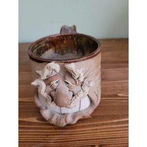 Art pottery Funny Face Stoneware Mug Man Mustache 3D teeth Handmade